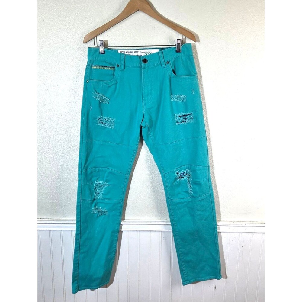 LRG Lifted Research Group Mens 32 Teal Stretch Distressed Pants True Tapered